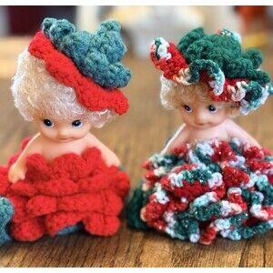 Vintage Crochet Clothes Kitschy Christmas Cupie Style Dolls Set of 2